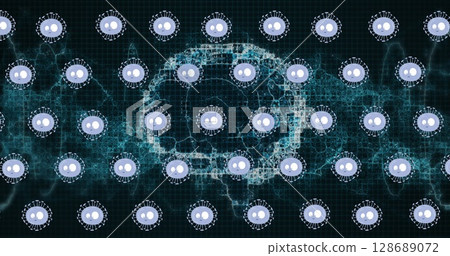 Image of covid 19 cells moving over human brain and dna strand spinning Image of covid 19 cells moving over human brain and dna strand spinning 128689072