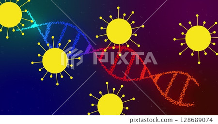 Image of covid 19 cells moving over dna strand spinning 128689074