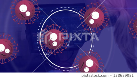Image of covid 19 cells and scope with dna strand data processing 128689081