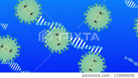 Floating green cartoon virus particle showing spike proteins in illustration, with DNA helices 128689086