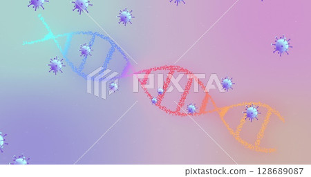 Glowing stylized DNA double helix rotating in digital abstract background, with virus-like spheres Glowing stylized DNA double helix rotating in digital abstract background, with virus-like spheres 128689087