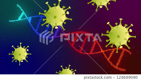 Featuring colorful DNA helix running across digital illustration, with green coronavirus particles Featuring colorful DNA helix running across digital illustration, with green coronavirus particles 128689090