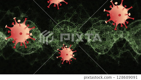 Floating red covid particle rotating in digital network backdrop, with glowing green DNA helix Floating red covid particle rotating in digital network backdrop, with glowing green DNA helix 128689091