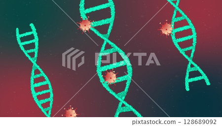 Showing turquoise DNA helix floating in digital illustration, with red spiky virus particles 128689092