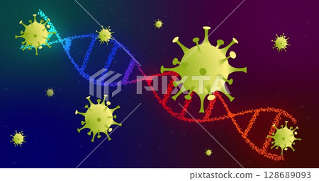 Floating green coronavirus particles drifting around red blue dotted DNA helix in digital backdrop 128689093
