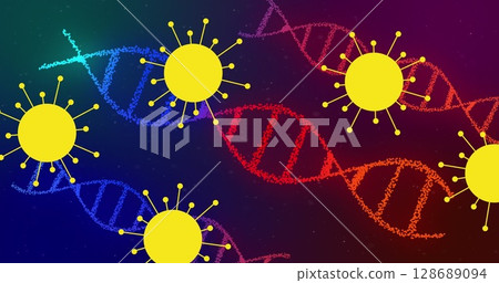 Floating stylized yellow virus icons drifting across molecular illustration, with dotted DNA helix Floating stylized yellow virus icons drifting across molecular illustration, with dotted DNA helix 128689094