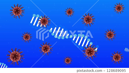 Showing DNA double helix spiraling on blue gradient illustration, featuring red virus particles 128689095
