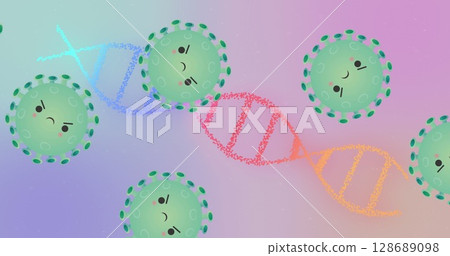 Showing stylized DNA helix in pastel gradient illustration, with virus particles showing faces Showing stylized DNA helix in pastel gradient illustration, with virus particles showing faces 128689098