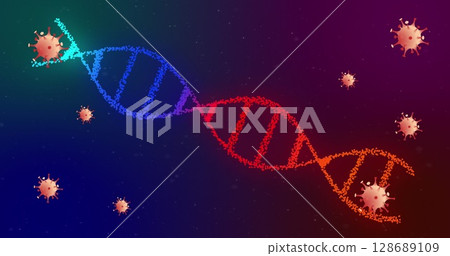 Showing DNA double helix flowing across abstract digital background, with virus-like particles Showing DNA double helix flowing across abstract digital background, with virus-like particles 128689109