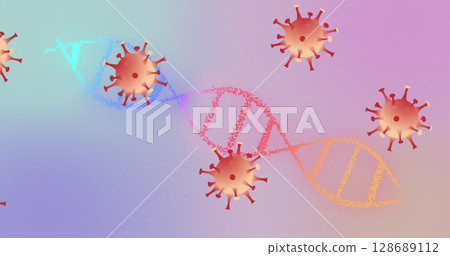 Image of covid 19 cells moving and dna strand spinning Image of covid 19 cells moving and dna strand spinning 128689112