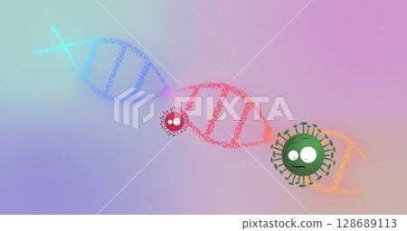 Displaying dot-based DNA helix floating in pastel backdrop, with red and green virus figures Displaying dot-based DNA helix floating in pastel backdrop, with red and green virus figures 128689113