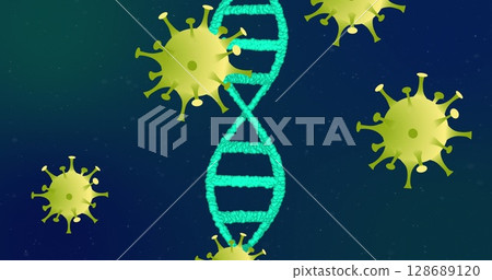 Displaying stylized turquoise DNA helix floating in abstract digital scene, with virus particles 128689120