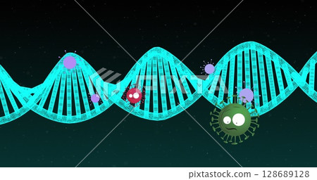 Cyan DNA double helix winding through abstract digital environment, with cartoon viruses Cyan DNA double helix winding through abstract digital environment, with cartoon viruses 128689128