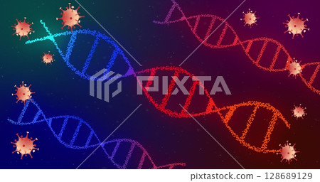 Displaying colored DNA strands floating in virtual lab, with spiky virus particles 128689129