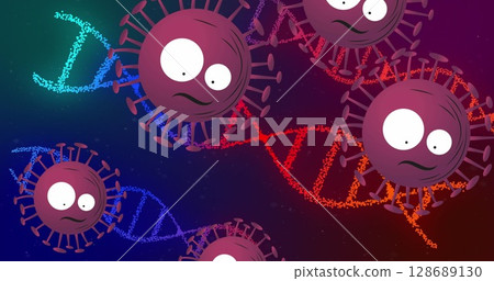 Floating magenta cartoon virus particles swirling in virtual molecular environment with DNA strands Floating magenta cartoon virus particles swirling in virtual molecular environment with DNA strands 128689130