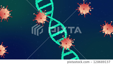 Image of covid 19 cells moving and dna strand spinning 128689137