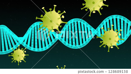 Displaying 3D cyan-blue DNA double helix twisting through abstract space, with virus-like particles Displaying 3D cyan-blue DNA double helix twisting through abstract space, with virus-like particles 128689138