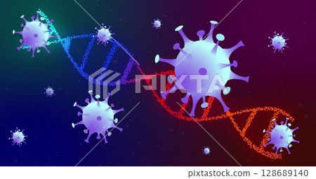 Floating purple virus-like particles drifting around colored DNA helix in digital space, dark field 128689140