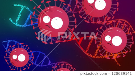Featuring red virus particle occupying center in abstract digital art, with colorful DNA strands 128689141