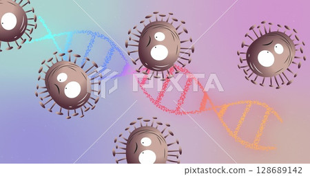 Twisting colorful DNA double helix spiraling in digital art scene, with cartoon virus particles Twisting colorful DNA double helix spiraling in digital art scene, with cartoon virus particles 128689142