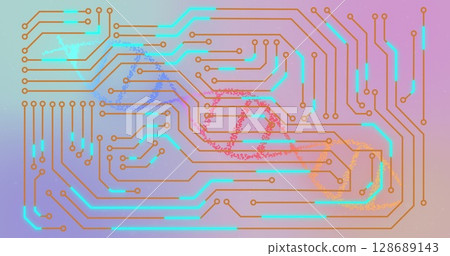 Image of dna strand spinning over computer circuit board Image of dna strand spinning over computer circuit board 128689143