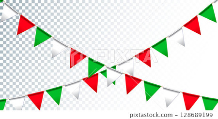 Colorful Party Flags Garland Isolated on Clean Background. Vector Buon Ferragosto Illustration for Italian Traditional Midsummer Holiday Festival Design for Celebration Banner, Flyer, Invitation 128689199