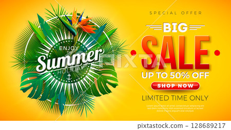 Summer Sale Business Promotional Design with Flower and Tropical Palm Leaves on Yellow Background. Exotic Floral Vector Illustration with Special Offer Typography for Coupon, Voucher, Banner, Flyer 128689217