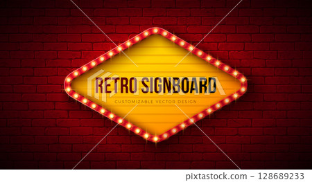 Retro Signboard Lightbox Banner Design with Glowing Light Bulb Frame Billboard on Vintage Brick Wall Background. Vector Customizable Marquee Sign Illustration for Casino Advertising, Theater Show 128689233