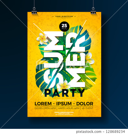 Summer Party Flyer Design with Flower and Tropical Palm Leaves on Yellow Background. Vector Summer Exotic Beach Holiday Illustration with Typography Lettering for Web Banner, Celebration Flyer 128689234