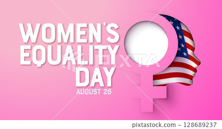 Women's Equality Day Banner Design with American Flag in Woman Face Silhouette and Typography Lettering on Pink Background. August 26 National Feminine Holiday in United States. USA Celebration Women's Equality Day Banner Design with American Flag in Woman Face Silhouette and Typography Lettering on Pink Background. August 26 National Feminine Holiday in United States. USA Celebration 128689237
