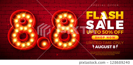 8 August Shopping Day Flash Sale Business Banner Design with 3d 8.8 Light Bulb Billboard Number on Vintage Brick Wall Background. Vector Special Offer 50 Percent Off Campaign Discount Illustration for 128689240