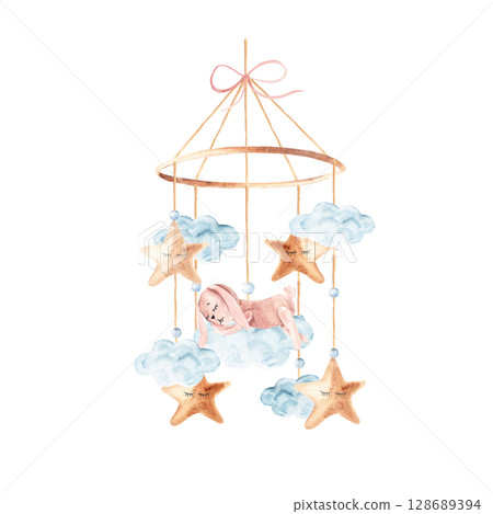 Watercolor baby cradle Mobile with cute pink rabbit sleeping on a cloud and stars. Hand drawn illustration in pastel colors of kids hanging toy. For greeting cards, gender reveal, its a girl party or 128689394