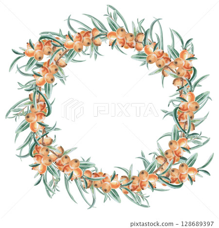 Round wreath with branches of ripe sea buckthorn and teapot. Isolated watercolor illustration in realistic style for design of beverage packaging, tea list, culinary blogs, postcard printing. Round wreath with branches of ripe sea buckthorn and teapot. Isolated watercolor illustration in realistic style for design of beverage packaging, tea list, culinary blogs, postcard printing. 128689397
