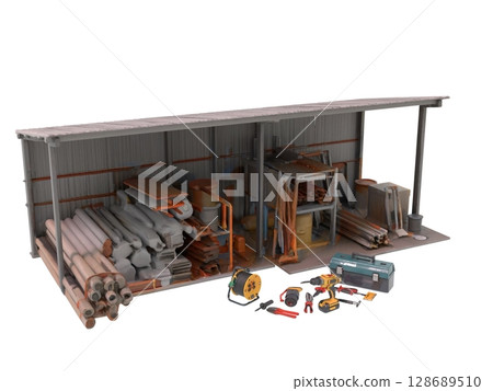 A cluttered material storage area that needs 5S activities and tidying up at a construction site A cluttered material storage area that needs 5S activities and tidying up at a construction site 128689510