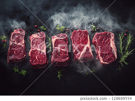 Creative advertising of fresh raw red beef slices for perfect steak on black.Macro.AI Generative. 128689554