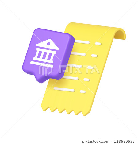Yellow Receipt With Overlapping Purple Bank Symbol In 3d Realistic Icon Financial Design 128689653