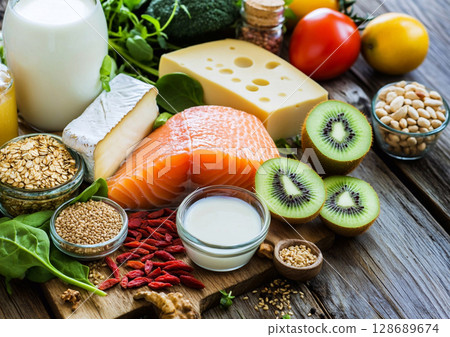 Assorted mix of various high fibre and protein food for healthy lifestyle.AI Generative. 128689674