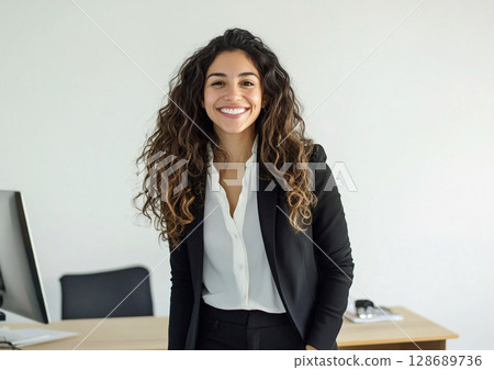 Happy young businesswoman with dark curly hear wearing black suit standing office.AI Generative. 128689736