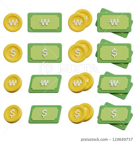 won and dollar coin and currency cartoon style 3D Icon set 128689737