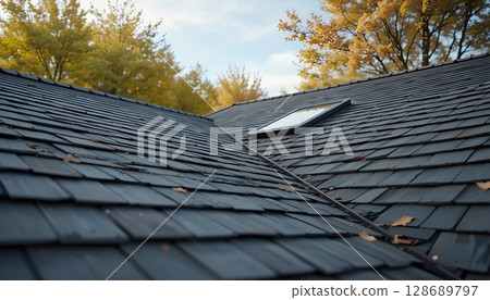 Newly Renovated Roof with Asphalt Shingles and Skylight | Modern Roofing Design. 128689797