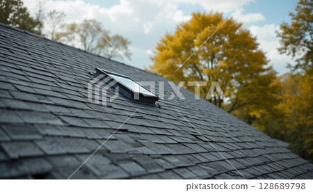 Newly Renovated Roof with Asphalt Shingles and Skylight | Modern Roofing Design. 128689798