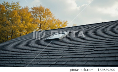 Newly Renovated Roof with Asphalt Shingles and Skylight | Modern Roofing Design. 128689800