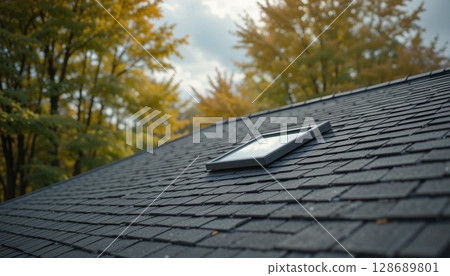 Newly Renovated Roof with Asphalt Shingles and Skylight | Modern Roofing Design. 128689801