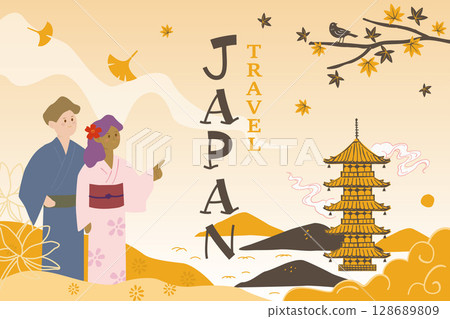 Japanese autumn landscape with a tourist couple in kimono and a five-story pagoda Japanese autumn landscape with a tourist couple in kimono and a five-story pagoda 128689809