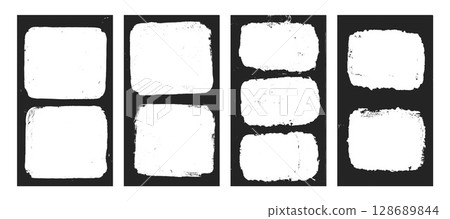 Grunge photo frames set templates. Ink paint border with rough edges for social media post. Retro textured story overlays. Rectangular old black flyers on transparent background. Vector illustration Grunge photo frames set templates. Ink paint border with rough edges for social media post. Retro textured story overlays. Rectangular old black flyers on transparent background. Vector illustration 128689844
