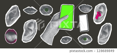 Halftone ears, eyes, lips collage set. Cutout hand holding mobile stickers for mixed media. Smartphones with empty screen and mouth. Vector illustration on dark background 128689849