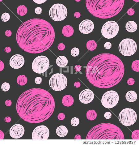 Polka dots pink and black seamless pattern. Chalk kids endless background. Naive simple pink dot ornament repeat cover. Surface pattern design scribbles motif. Vector hand drawn illustration Polka dots pink and black seamless pattern. Chalk kids endless background. Naive simple pink dot ornament repeat cover. Surface pattern design scribbles motif. Vector hand drawn illustration 128689857