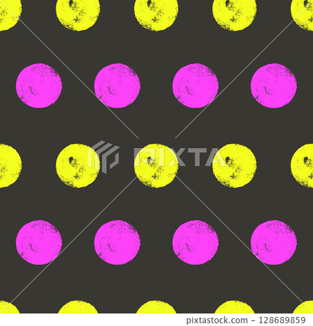 Dots spots neon colors seamless pattern. Crayon kids endless background. Naive simple dot ornament repeat cover. Round vibrant pink and yellow continuous ornament. Vector hand drawn illustration 128689859
