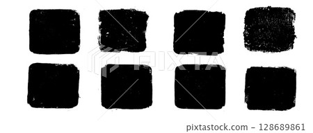 Set of inked square grunge text boxes. Evocative rectangles frames. Linocut rolled ink black marker. Handmade vector stamp with smudged texture. Rough paint decorative uneven border Set of inked square grunge text boxes. Evocative rectangles frames. Linocut rolled ink black marker. Handmade vector stamp with smudged texture. Rough paint decorative uneven border 128689861