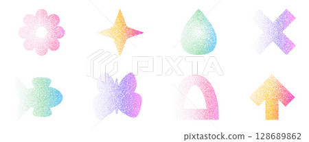 Grain rainbow noise gradient geometric shape set. Y2k retro iridescent fish, drop with flower forms. Gritty grunge butterfly and star icons on dark background. Vector stippling illustration 128689862
